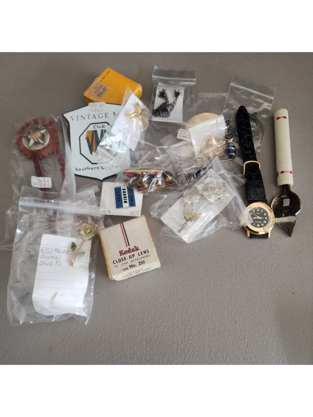 Vintage Estate Lot: MG Club Memorabilia, Kodak Lenses, Watch & Junk Drawer